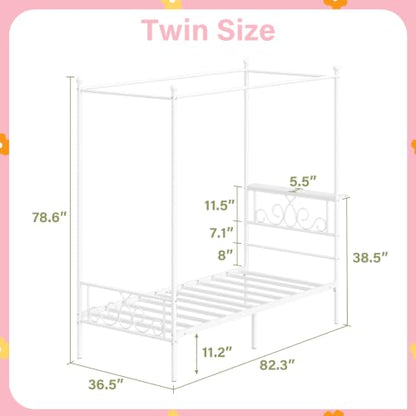 Twin Metal Canopy Bed Frame with Storage Headboard, 4 Poster Bed, White, view 3