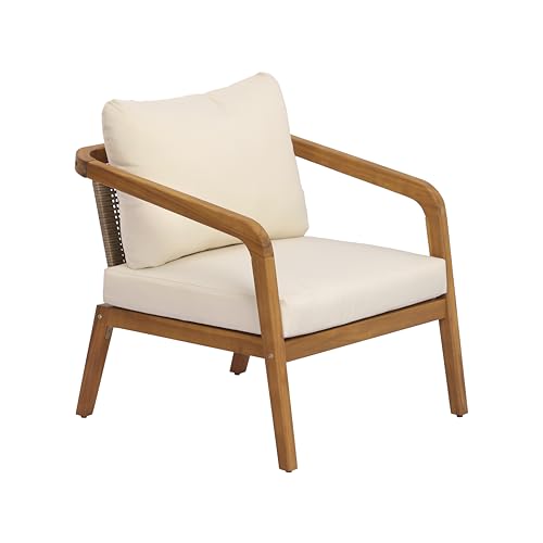 Jay Patio Lounge Chair Outdoor with Weather-Resistant Cushion, Modern Arm Chair with PE Wicker Backrest, Acacia Wood Club Chair for Outdoor Furniture, Cream+Light Brown+Teak
