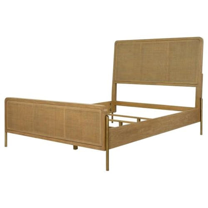 California King Panel Bed, Sand Wash Finish, Woven Rattan Cane Panels, Rubberwood and Metal Frame, Mid-Century Modern Style, Sturdy Bedroom Furniture, 56" H x 65.25" W x 90" D