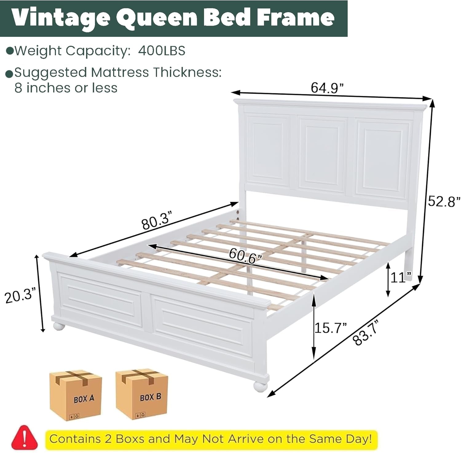 Wood Queen Bed Frame with Tall Headboard and Footboard, Rustic Queen Panel Bed with under Bed Storage, Farmhouse Style, Noise-Free, No Box Spring Needed, White