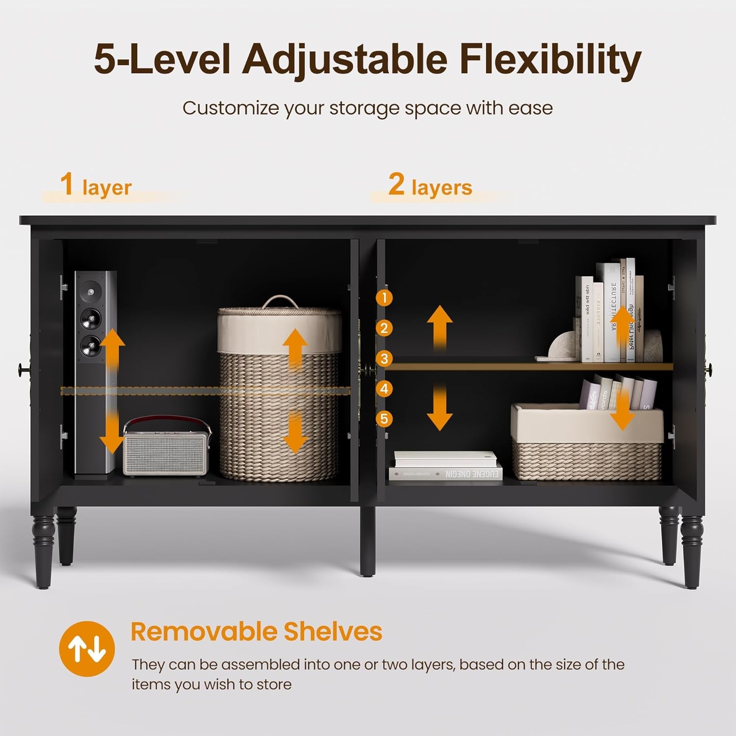 Large Sideboard Buffet Cabinet with Storage, 58'' Modern Credenza Buffet Table Coffee Bar Wine Bar Storage Cabinet with Artistic Carved Handle for Dining Room Living Room, (Satin Black)