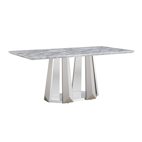 Marble Dining Table for 6 People, 70'' Rectangle Faux Marble Dining Table with Mirrored Stainless Steel Base, Large Size Marble Kitchen Table (Silver,Grey)(only Table)