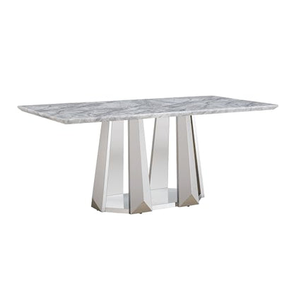 Marble Dining Table for 6 People, 70'' Rectangle Faux Marble Dining Table with Mirrored Stainless Steel Base, Large Size Marble Kitchen Table (Silver,Grey)(only Table)