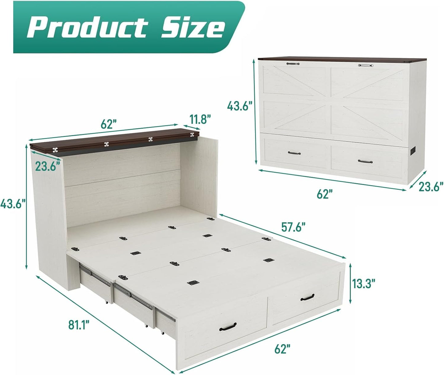 Queen Size Murphy Chest Bed with Drawer and Charging Station, Farmhouse Wood Space-Saving Hidden Folding Bed Chest, Multifunctional Storage Cabinet Beds for Bedroom, Office, Rustic White