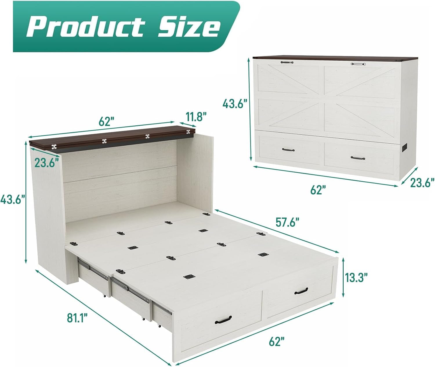 Queen Size Murphy Chest Bed with Drawer and Charging Station, Farmhouse Wood Space-Saving Hidden Folding Bed Chest, Multifunctional Storage Cabinet Beds for Bedroom, Office, Rustic White