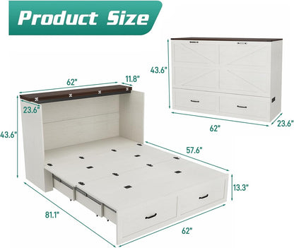 Queen Size Murphy Chest Bed with Drawer and Charging Station, Farmhouse Wood Space-Saving Hidden Folding Bed Chest, Multifunctional Storage Cabinet Beds for Bedroom, Office, Rustic White