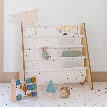 Recycled Fabric Kids Bookshelf – 4-Tier Sling Book Rack Organizer - Nursery Room Playroom Classroom Wooden Book Shelves - Kid Bookcase Wood Storage Shelf for Toddler Age 3+ - Terrazzo Cream