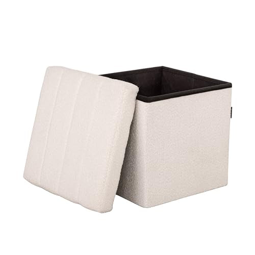 Seville Classics Cushioned Fabric Ottoman Hidden Storage Chest Footrest Chair, Padded Seat for Bedroom, Dorm, Loft, Living Room, Entryway, Hallway, White Boucle, 15.7" Cube