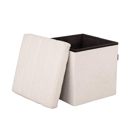 Seville Classics Cushioned Fabric Ottoman Hidden Storage Chest Footrest Chair, Padded Seat for Bedroom, Dorm, Loft, Living Room, Entryway, Hallway, White Boucle, 15.7" Cube