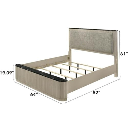 Modern Upholstered Queen Bed, Gray Linen and Beige Frame, Padded Headboard, Black Marble-Look Trim, Vertical Panel Details, Sturdy Wood Construction, Elegant Bedroom Furniture