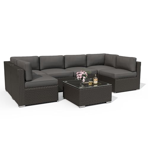 7 Pieces Outdoor Patio Furniture Set, Black Brown Wicker Patio Sectional Sofa Set, Outdoor Couch with Cushion and Tempered Glass Table, Grey