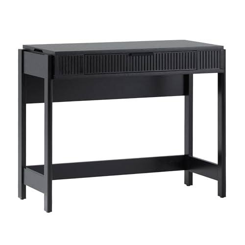 Transitional Style Furniture, Reeded Detail, Lift-Top Desk with Drawer and Storage Cubby, Sitting to Standing Desk, Soft Self-Close Desktop, 38 Inch, Black