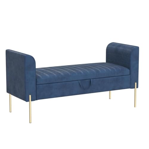 Storage Bench,Upholstered Storage Ottoman Bench,Modern Bed Bench Entryway Bench with Gold Legs for Bedroom Living Room Blue