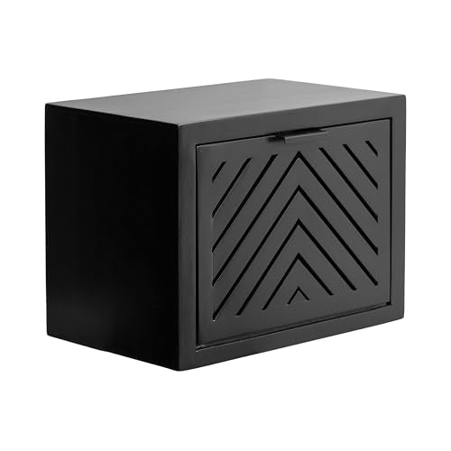 Black slatted wood floating nightstand with storage cubby, view 2