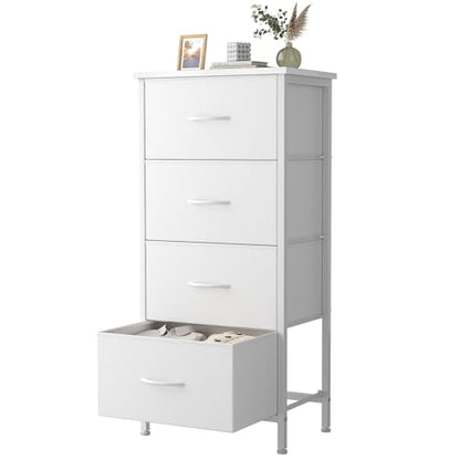 4 Fabric Drawer Small Dresser, Bedside Nightstand with Wooden Top Sturdy Frame, Entryway Closet Bedroom Storage Cabinet Furniture for Dorm,White
