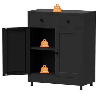 Metal Storage Cabinet with 2 Drawers and Adjustable Shelf, Sideboard Buffet Cabinet for Home, Office, Hallway, Entryway, Living Room, Kitchen Pantry and Dining Room (Black)