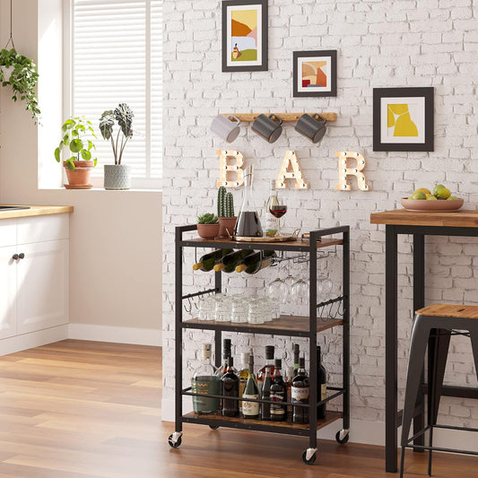 Bar Cart, Serving Cart for Home, Microwave Cart, Drink Cart, Mobile Kitchen Shelf with Wine Rack and Glass Holder, Rolling Beverage Cart BC01BB030