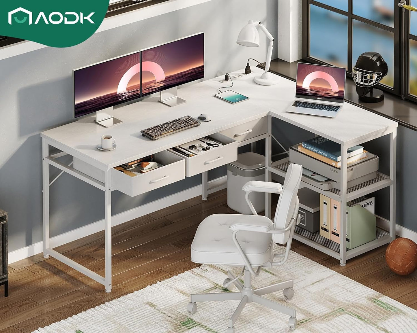 53 Inch L Shaped Computer Desk with Drawers, Corner Desk with Power Outlets & Reversible Storage Shelves, for Home Office Gaming, White