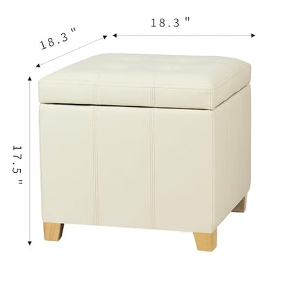 Faux Leather Storage Ottoman with Hinged Lid, 17.5 Inch High Cream White Square Cube Foot Stool with Storage, Upholstered Vanity Stool with Solid Wood Legs for Living Room, Bedroom, Dorm