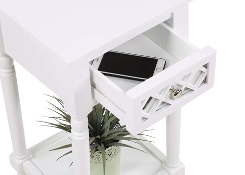 French Country Khloe Deluxe 1 Drawer Accent End Table 14" - Traditional Farmhouse Side Table with Mirrored Storage Drawer and Shelf for Living Room, White