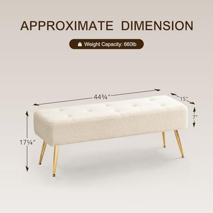 Faux Fur Boho Bench Ottoman Upholstered Tufted Bench with Padded Seat, Footrest Foot Stool with Sturdy Metal Leg, for Bedroom Living Room Entryway