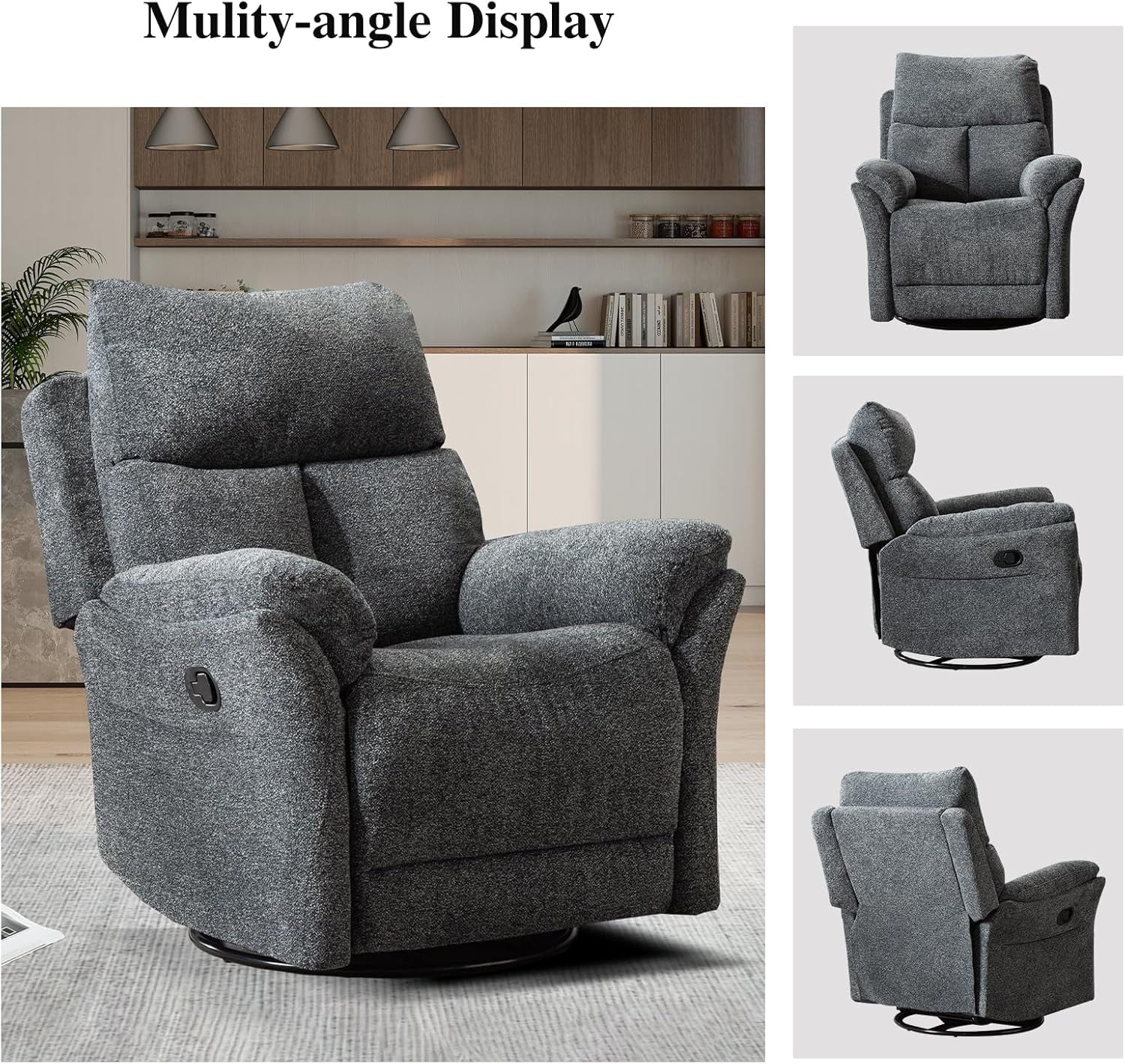 Rocker Recliner, Manual Swivel Recliner with Overstuffed Cushion, Nursing Chairs for Living Room, Swivel Glider Recliners with Soft Backrest, Dark Grey