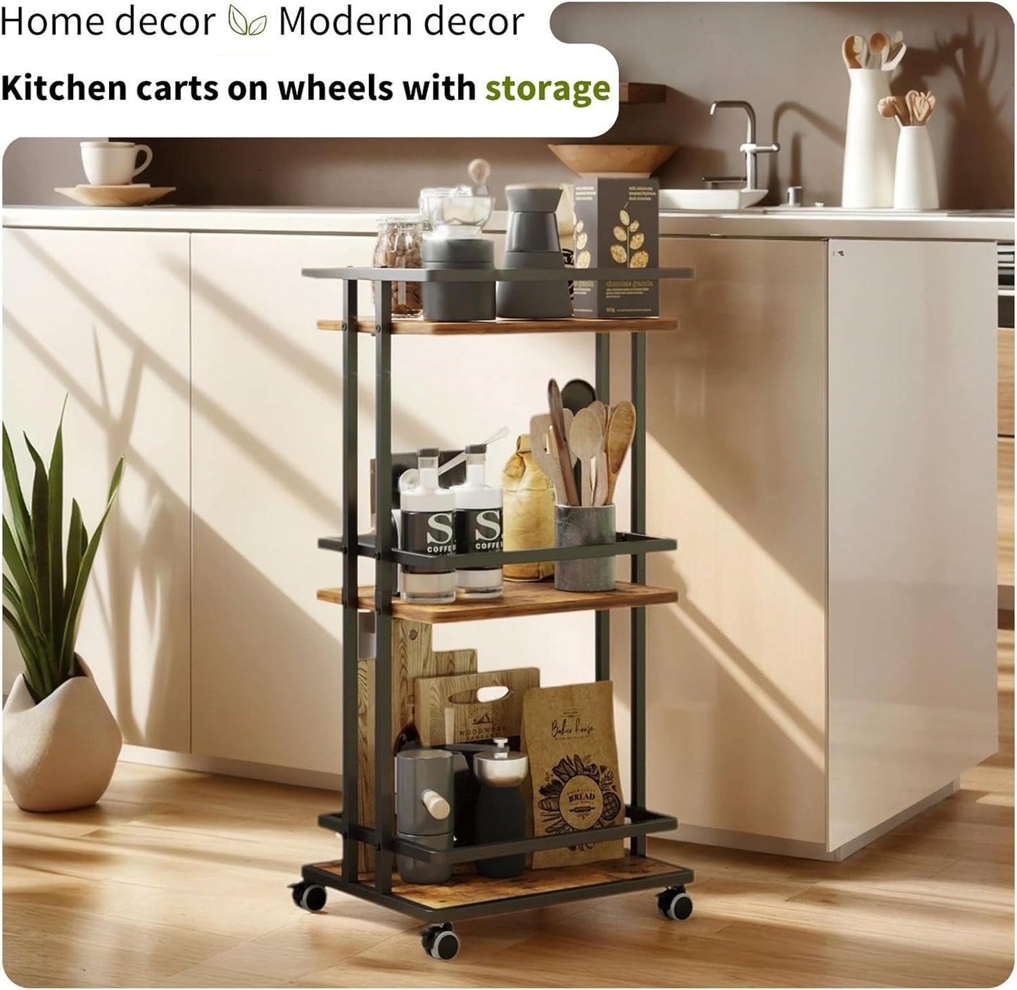 Bar Carts for the Home with Wheels, 3 Tier Beverage Bar Cart with Storage Shelves, Coffee Bar Cabinet for Your Home Entertainment