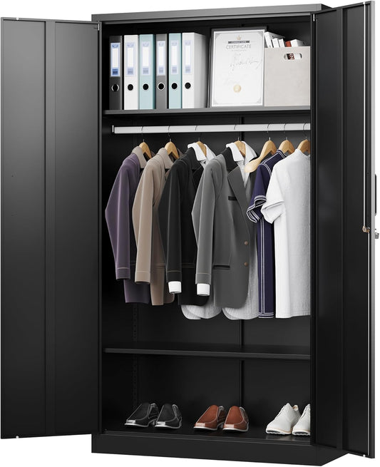 Metal Wardrobe Cabinets with Lock,Clothing Locker 72" X 36" X 18" Storage Cabinets for Home Room,Fire Department, School, Employee,Gym,Government (Black)