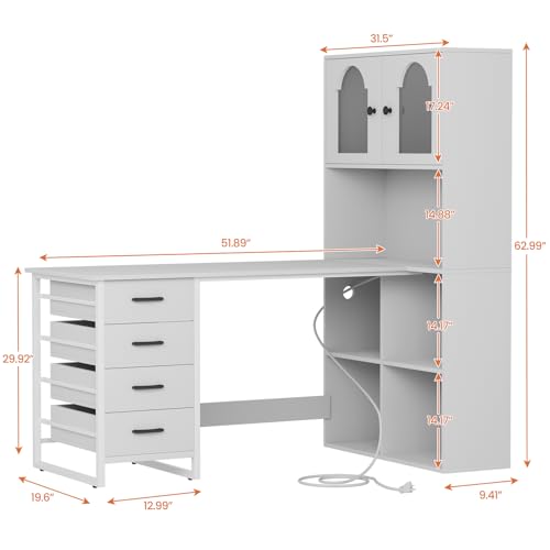 L-shaped Computer Desk with Power Outlets & LED Light, Home Office Desks w 4 Drawers, File Cabinet & Storage Shelves, Executive Desk Gaming Writing Study Table for Home Office, Bedroom, White