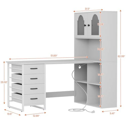 L-shaped Computer Desk with Power Outlets & LED Light, Home Office Desks w 4 Drawers, File Cabinet & Storage Shelves, Executive Desk Gaming Writing Study Table for Home Office, Bedroom, White