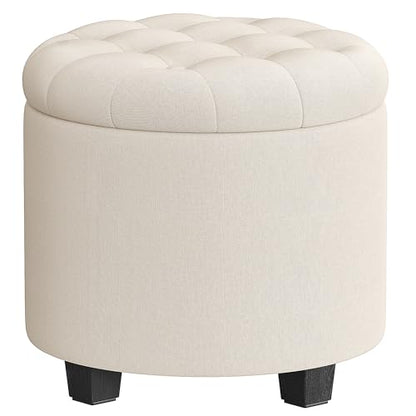 SONGMICS Round Ottoman, Ottoman with Storage, 17.7 x 17.7 x 17.5 Inches, Foot Rest with Legs, Linen-Look Fabric, Load up to 330 lb, for Living Room, Bedroom, Light Beige ULOM011W01