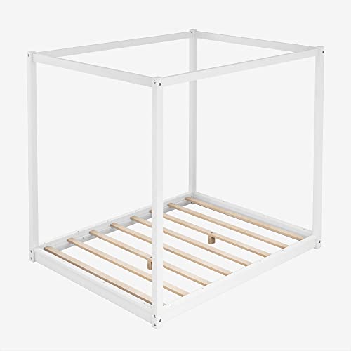 Wooden Canopy Platform Bed Frame Queen Size Floor Bed/Mattress Foundation, view 6