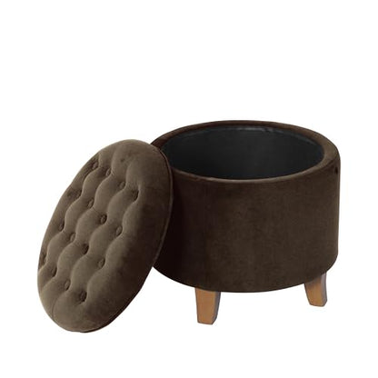 19" Velvet Button Tufted Round Storage Ottoman - Brown Velvet