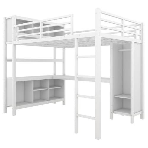 JIVOIT Full Size Loft Bed with L-Shaped Desk, Storage Cubes and Shelves, Heavy Duty Metal Loft Bed with Wardrobe for Kids Teens Adults, No Box Spring Needed (White/ Full,76)