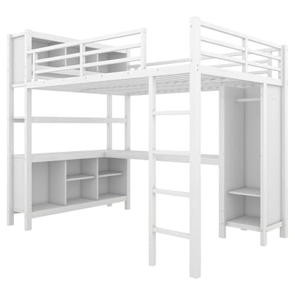 JIVOIT Full Size Loft Bed with L-Shaped Desk, Storage Cubes and Shelves, Heavy Duty Metal Loft Bed with Wardrobe for Kids Teens Adults, No Box Spring Needed (White/ Full,76)