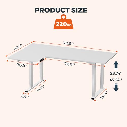 4 Legs L-Shaped Standing Desk, Large 71x43 Inches Electric Adjustable Height Desks with Splice Board, Stand Up Desk Home Office Computer Workstation, White