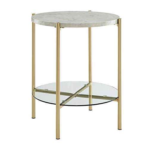 Blaine Mid Century Modern Marble and Glass Round Accent Table, 20 Inch, Marble and Gold