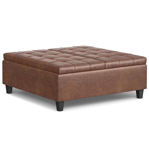 Harrison Large Coffee Table Storage Ottoman - 40 inch Wide Upholstered Vegan Leather Square Lift-Top Ottoman in Distressed Saddle Brown, Transitional Bench for Living Room with Sturdy Base
