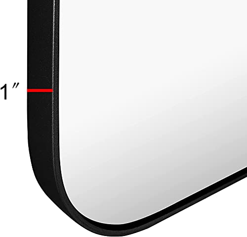 22 x 30-Inch Large Rectangular Wall Silver Mirror with Glass Panel and Black Metal Framed Rounded Corner Flat Set Design for Bathroom Living Room or Entryway Decorative