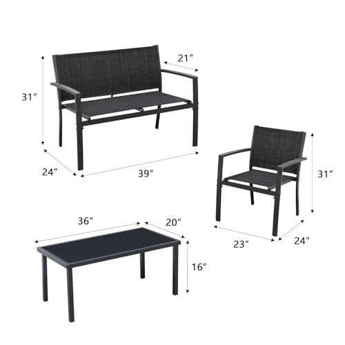 4 Pieces Patio Furniture Set Outdoor Conversation Textilene Fabric Chairs for Lawn, Garden, Balcony, Poolside with A Glass Coffee Table, Black