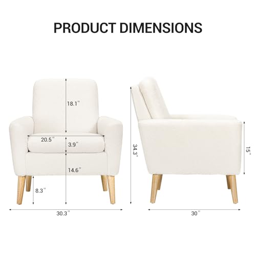 Sherpa Accent Chair, Modern White Teddy Fabric Upholstered Comfortable Armchair, Comfy Reading Leisure Chairs for Bedroom, Living Room, Home Office, Small Sofa Chair with Wood Legs