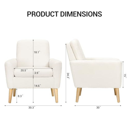 Sherpa Accent Chair, Modern White Teddy Fabric Upholstered Comfortable Armchair, Comfy Reading Leisure Chairs for Bedroom, Living Room, Home Office, Small Sofa Chair with Wood Legs