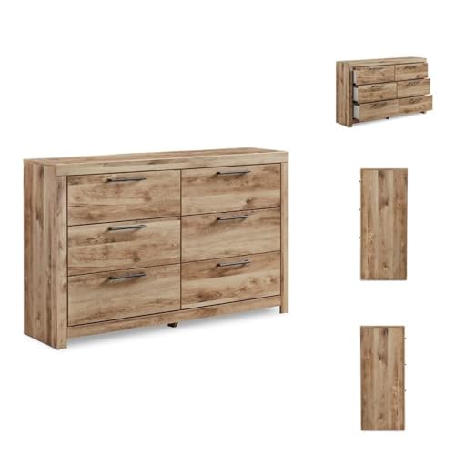 6-Drawer Farmhouse Dresser, Light Brown Rustic Finish, Gunmetal Handles, Engineered Wood Construction, Horizontal Design, 36.42" H x 58.7" W x 15.31" D, Bedroom Storage Furniture