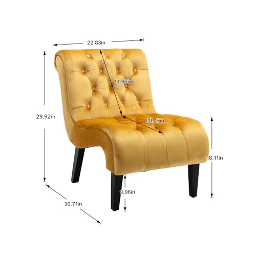 Comfy Velvet Accent Chair, Upholstered Armless Side Chair for Living Room, Modern Small Lounger with Tufted Back and Rolled Edge Design, Comfy Reading Chaise Lounge with Solid Rubber Wood Legs, Yellow
