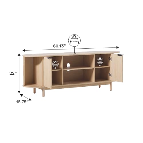 Modern Curved Reeded TV Stand for TVs up to 70 Inches, Credenza with Sliding Doors and Adjustable Shelves, TV Stand with Cord Management Cutout, 60 Inch, Coastal Oak
