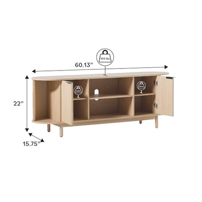 Modern Curved Reeded TV Stand for TVs up to 70 Inches, Credenza with Sliding Doors and Adjustable Shelves, TV Stand with Cord Management Cutout, 60 Inch, Coastal Oak
