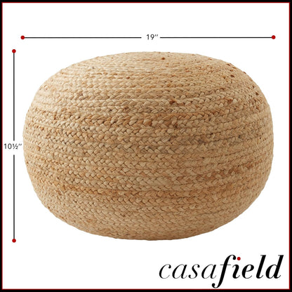 Hand-Braided Jute Pouf Ottoman Footrest, 19" round X 10-1/2" High, Natural Woven Boho Floor Cushion, Home Decor for Living Room, Bedroom, Apartment