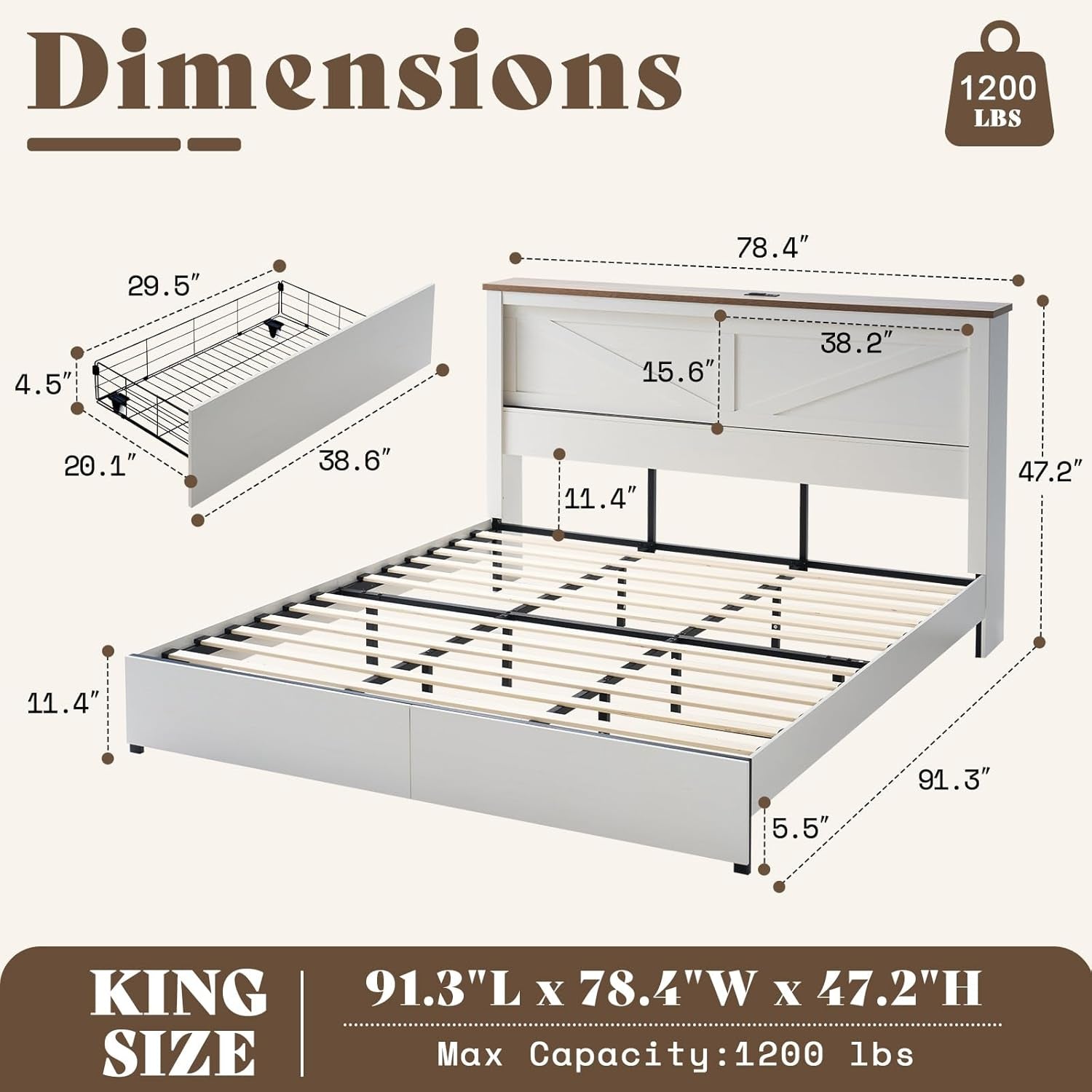 King 47.2" H Bed Frame with Hidden Space Bookcase Headboard and Charging Station, Beds with 2 Storage Drawers and Wood Slats, No Box Spring Needed, White & Barnwood