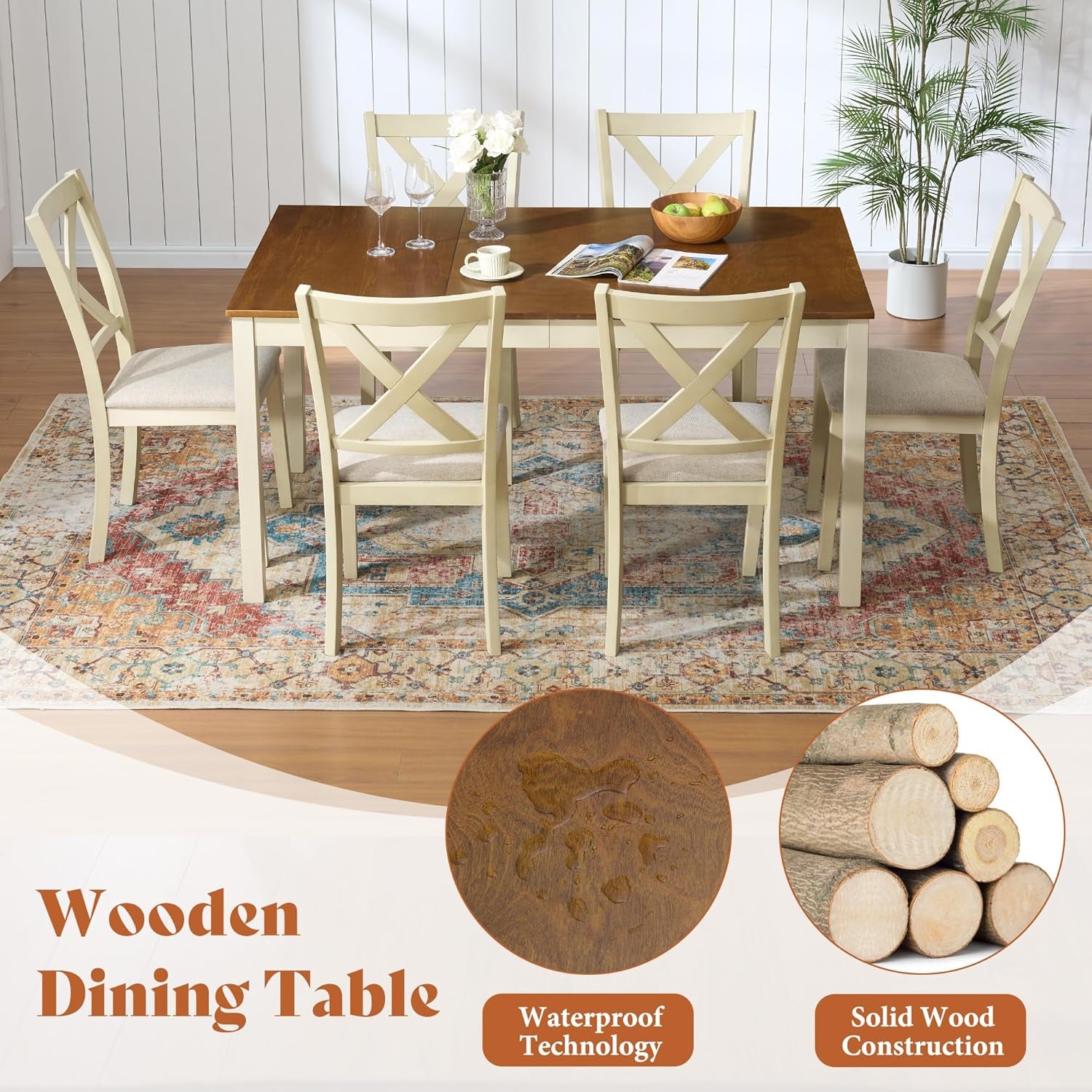 7-Piece Farmhouse Solid Wood Dining Table Set with 6 Upholstered Chairs, 60" Space Saving Dinner Table & Chairs Set, for Dining Room, Kitchen, Restaurant, Rustic Cream