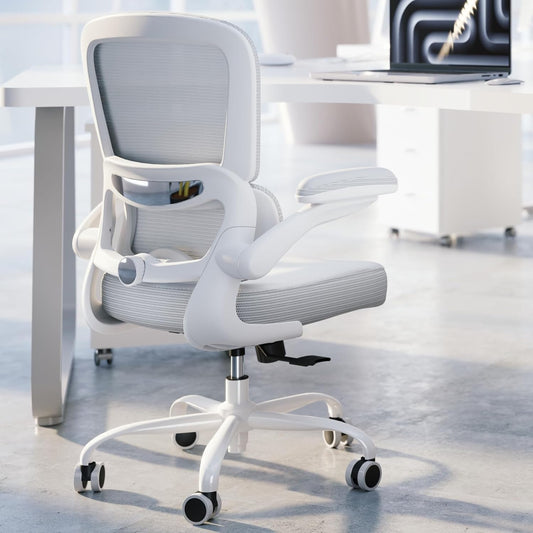 Ergonomic Office Chair - Desk Chair with Adjustable Lumbar Support Computer Chair - Mesh Comfy Chair with Flip-Up Armrests - Gaming Chairs for Adults Home Office (Leather, White)